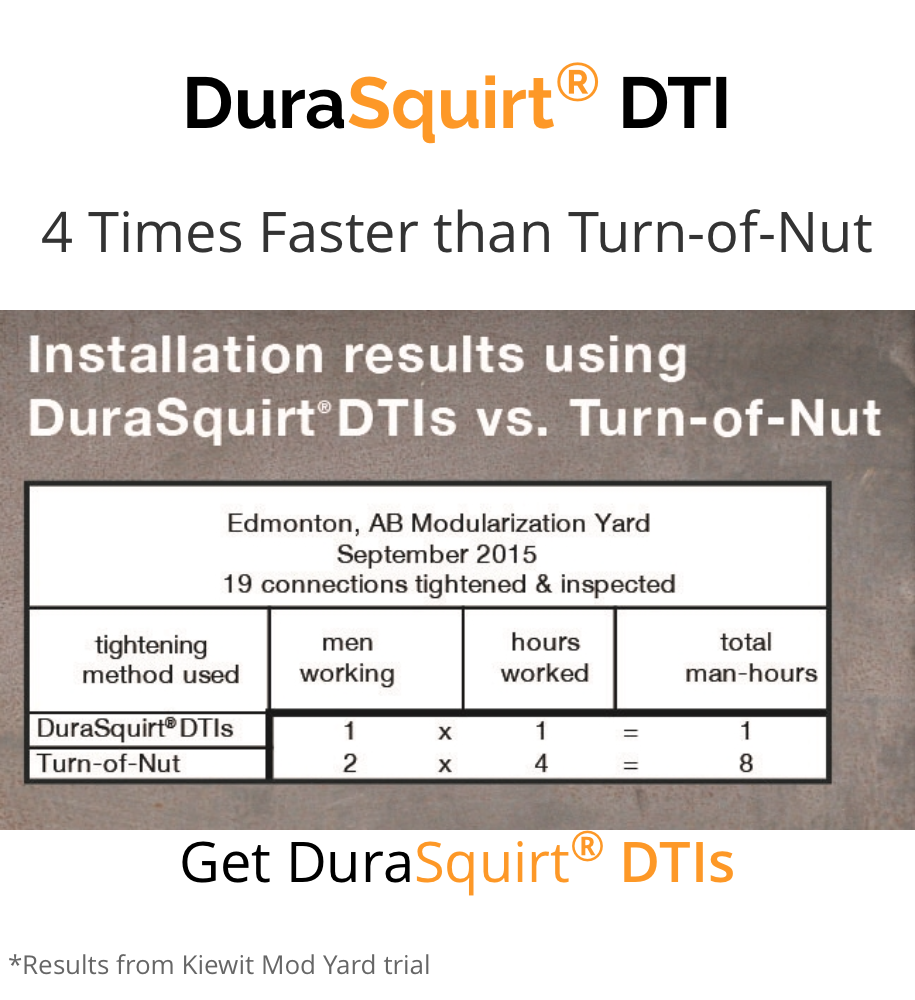 DuraSquirt® vs Turn-of-Nut at Kiewit Mod Yard. DuraSquirt® installation is 4x faster