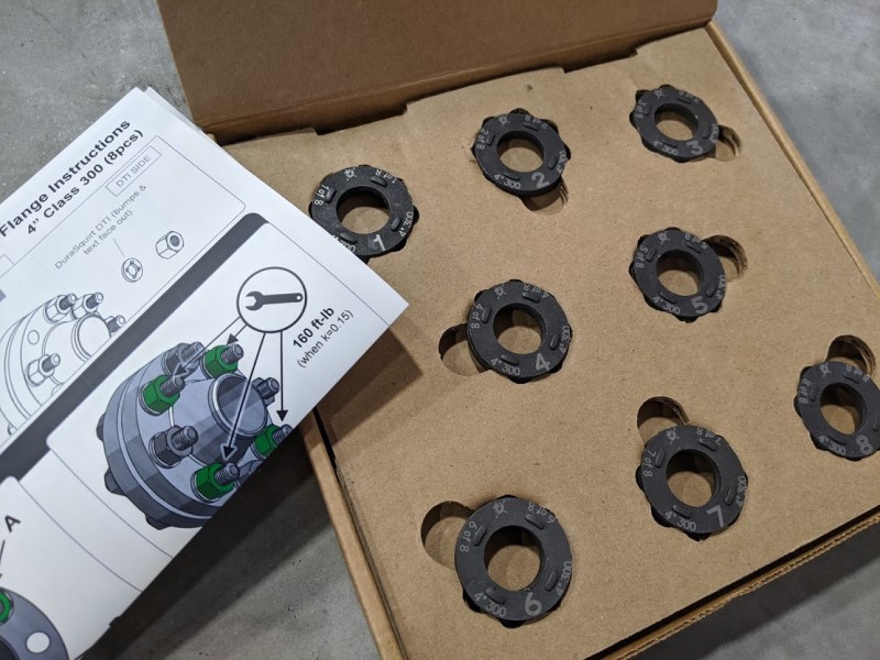 Open box for DuraSquirt® Single Pass Flange System with installation instructions